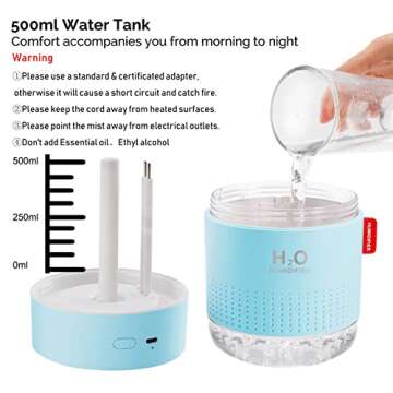Portable Mini Humidifier, 500ml Small Cool Mist Humidifier, USB Personal Desktop Humidifier for Baby Bedroom Travel Office Home, Auto Shut-Off, 2 Mist Modes, Super Quiet, Blue