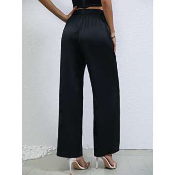 SweatyRocks Women's Pleated High Waist Satin Wide Leg Pants Casual Work Office Long Trousers with Po...