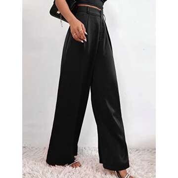 SweatyRocks Women's Pleated High Waist Satin Wide Leg Pants Casual Work Office Long Trousers with Pockets Black M