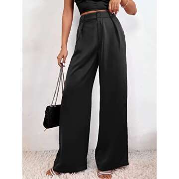 SweatyRocks Women's Pleated High Waist Satin Wide Leg Pants Casual Work Office Long Trousers with Pockets Black M