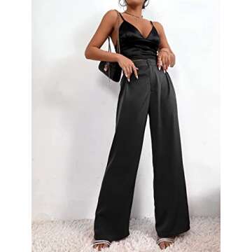 SweatyRocks Women's Pleated High Waist Satin Wide Leg Pants Casual Work Office Long Trousers with Pockets Black M