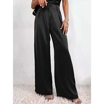 SweatyRocks Women's Pleated High Waist Satin Wide Leg Pants Casual Work Office Long Trousers with Pockets Black M