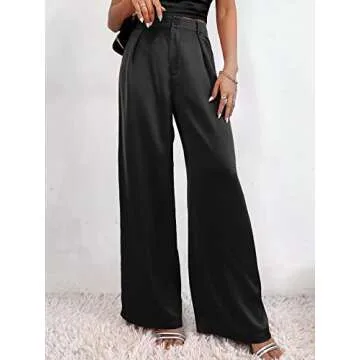 SweatyRocks Women's Pleated High Waist Satin Wide Leg Pants Casual Work Office Long Trousers with Pockets Black M