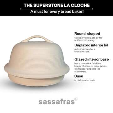Sassafras Superstone Stoneware La Cloche Bread Baker, Unglazed, Bakes an Artisan Bread with Crusty Crust and a Light Crumb