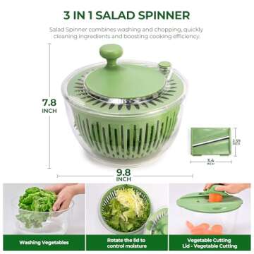 SUSTEAS Salad Spinner Large, Vegetables Wash Bowl, Fruits & Herb Lettuce Dryer with 5 Blade Slicer Egg Yolk Strainer Shredder for Efficient Salad Preparation and Food Washing, 4.25Qt