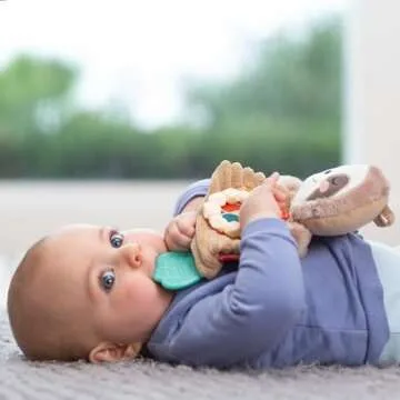 Infantino Cuddly Teether, Sleepy Sloth Character, 3 Textured Teething Places to Soothe Sore Gums, BPA-Free Silicone, Soft Fabric Textures to Explore, Crinkle Sounds to Discover, for Babies 0M+