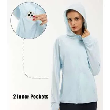 Libin Women's Full Zip UPF 50+ Sun Protection Hoodie Jacket Long Sleeve Sun Shirt Hiking Outdoor Performance with Pockets Ice Blue L