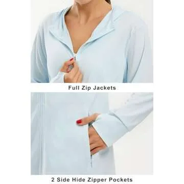 Libin Women's Full Zip UPF 50+ Sun Protection Hoodie Jacket Long Sleeve Sun Shirt Hiking Outdoor Performance with Pockets Ice Blue L