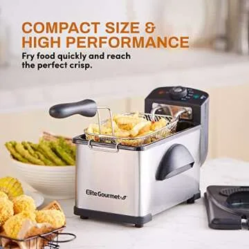 Elite Gourmet EDF2100 Electric Immersion Deep Fryer Removable Basket Adjustable Temperature, Lid with Viewing Window and Odor Free Filter, 2 Quart / 8.2 cup