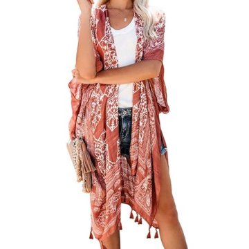 Dokotoo Womens Fashion 2025 Print Open Front Long Kimonos Cover up Pop Pop Tassel Split Cardigan Holiday Beach Swimsuit Coverup Swim Bikini Loose Bathing Suit Cover up Swimwear
