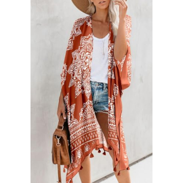 Dokotoo Womens Fashion 2025 Print Open Front Long Kimonos Cover up Pop Pop Tassel Split Cardigan Holiday Beach Swimsuit Coverup Swim Bikini Loose Bathing Suit Cover up Swimwear