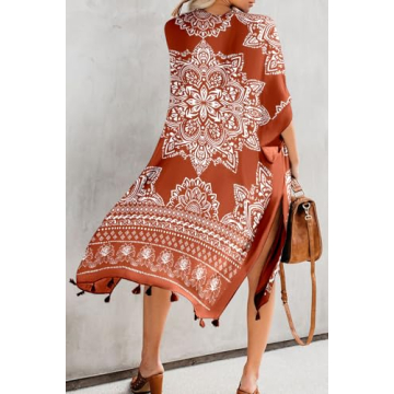 Dokotoo Womens Fashion 2025 Print Open Front Long Kimonos Cover up Pop Pop Tassel Split Cardigan Holiday Beach Swimsuit Coverup Swim Bikini Loose Bathing Suit Cover up Swimwear