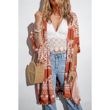 Dokotoo Womens Fashion 2025 Print Open Front Long Kimonos Cover up Pop Pop Tassel Split Cardigan Holiday Beach Swimsuit Coverup Swim Bikini Loose Bathing Suit Cover up Swimwear