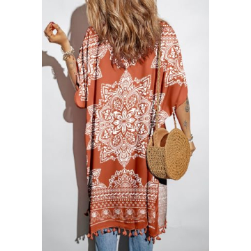 Dokotoo Womens Fashion 2025 Print Open Front Long Kimonos Cover up Pop Pop Tassel Split Cardigan Holiday Beach Swimsuit Coverup Swim Bikini Loose Bathing Suit Cover up Swimwear