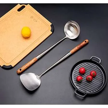 FJNATINH Soup Ladle, 17inches Ladle for wok, 304 Stainless Steel Soup Spoon Cooking Spoon for Kitchen with Wooden Handle