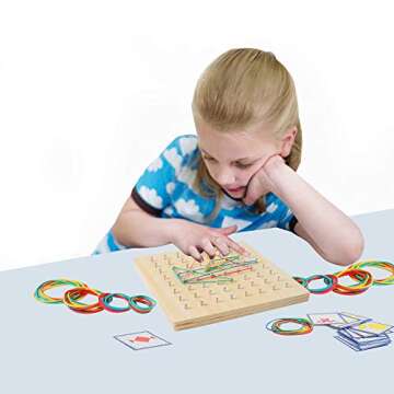 HOONEW Wooden Geoboard Mathematical Manipulative Material Array Block Geo Board Montessori Graphical Educational Toys with Pattern Cards and Rubber Bands STEM Puzzle Matrix 8x8 Brain Teaser for Kid