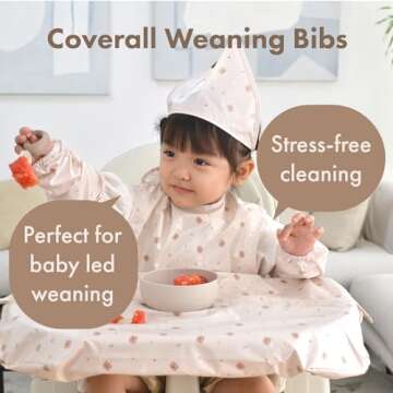 LoLaBi Coverall Baby Weaning Bib (Giraffe, White) for Highchair, Waterproof Toddler Feeding Bibs