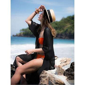FOCUSNORM Women Chiffon 3/4 Sleeves Beach Dress Kimono Cardigan Swimsuit Cover Up (One Size Fits US XS-L, Black)