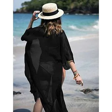 FOCUSNORM Women Chiffon 3/4 Sleeves Beach Dress Kimono Cardigan Swimsuit Cover Up (One Size Fits US XS-L, Black)