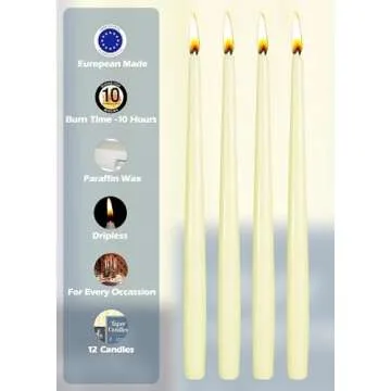 Elegant 12 Inch Dripless Taper Candles - 10 Hour Burn Time