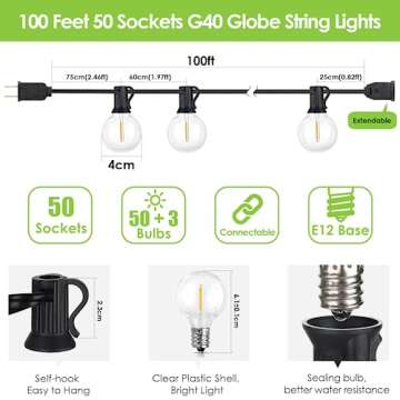 Mlambert 100Ft LED Outdoor String Lights, Dimmable Patio Lights, Waterproof Shatterproof 50+3 G40 Globe Bulb Lights for Backyard Bistro-Black 1 Pack