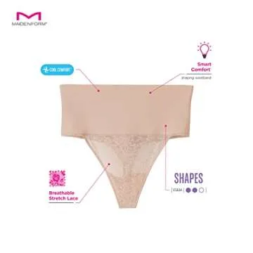 Maidenform womens Tame Your Tummy Shaping Lace Thong With Cool Comfort Dm0049 Waist Shapewear, Transparent/Nude Lace, Medium US