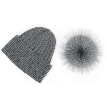 Stylish Darkgrey Cashmere Beanie with Real Fur Pom Pom