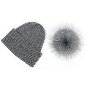Stylish Darkgrey Cashmere Beanie with Real Fur Pom Pom