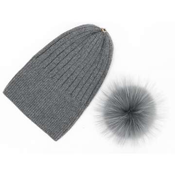 Stylish Darkgrey Cashmere Beanie with Real Fur Pom Pom