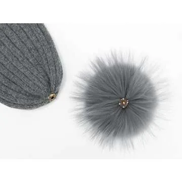 Stylish Darkgrey Cashmere Beanie with Real Fur Pom Pom