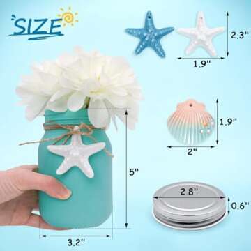 Beach Mason Jar Decor Coastal Table Centerpiece with White Flowers Floral Arrangement Blue Shell Starfishes Slices for Summer Sea Farmhouse Tiered Tray Wedding Décor Vases Home Hostess Gift Idea 3pcs