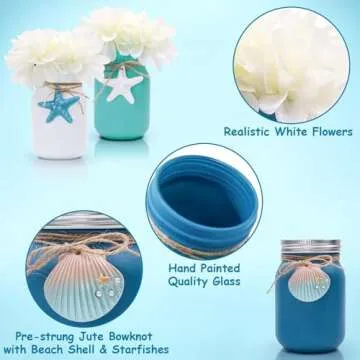 Beach Mason Jar Decor Coastal Table Centerpiece with White Flowers Floral Arrangement Blue Shell Starfishes Slices for Summer Sea Farmhouse Tiered Tray Wedding Décor Vases Home Hostess Gift Idea 3pcs
