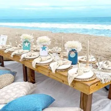 Beach Mason Jar Decor Coastal Table Centerpiece with White Flowers Floral Arrangement Blue Shell Starfishes Slices for Summer Sea Farmhouse Tiered Tray Wedding Décor Vases Home Hostess Gift Idea 3pcs