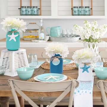 Beach Mason Jar Decor Coastal Table Centerpiece with White Flowers Floral Arrangement Blue Shell Starfishes Slices for Summer Sea Farmhouse Tiered Tray Wedding Décor Vases Home Hostess Gift Idea 3pcs