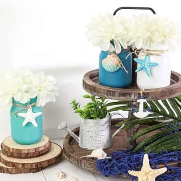 Beach Mason Jar Decor Coastal Table Centerpiece with White Flowers Floral Arrangement Blue Shell Starfishes Slices for Summer Sea Farmhouse Tiered Tray Wedding Décor Vases Home Hostess Gift Idea 3pcs
