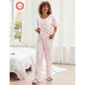 Ekouaer Two Piece Outfits Pink Leopard Silk Satin Pajama Set for Women