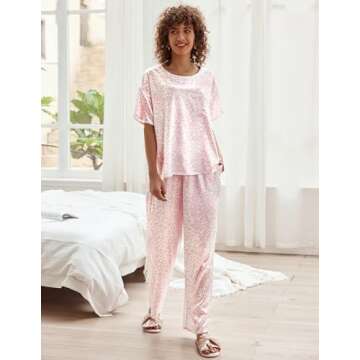 Ekouaer Pink Leopard Silk Satin Pajama Set for Women