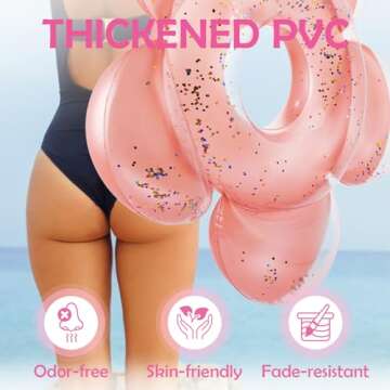 HeySplash Pool Floats for Adults, Large Floats Inflatable Floatie Loungers with Glitter, Swim Tube River Lake Wedding Bride Engagement Party Decor Toy Raft, Flower Bachelorette Fun Decor, Rose Gold