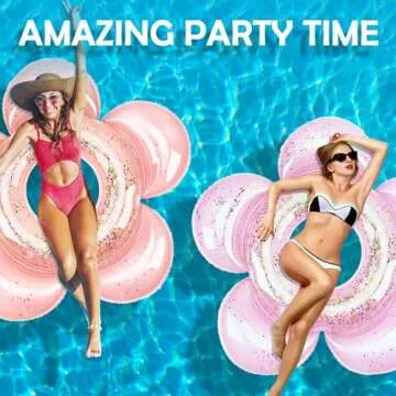 HeySplash Pool Floats for Adults, Large Floats Inflatable Floatie Loungers with Glitter, Swim Tube River Lake Wedding Bride Engagement Party Decor Toy Raft, Flower Bachelorette Fun Decor, Rose Gold