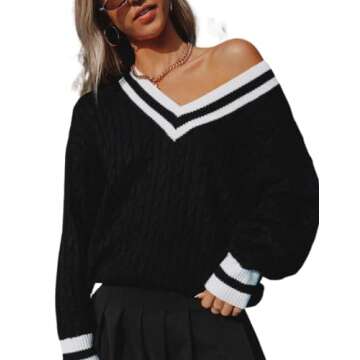 InterNos Women's Casual V Neck Long Sleeve Sweater - Soft, Trendy, Preppy Style