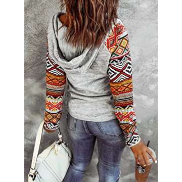 Dokotoo Womens Winter Fall Button Collar Ethnic Print Patchwork Color Block Long Sleeve Knit Stitching Drawstring Hooded Sweatshirts Hoodies for Women Pullover Casual Fashion T-Shirts Tops Large