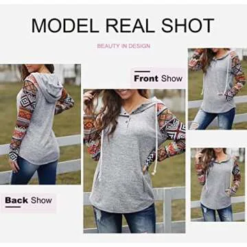 Dokotoo Womens Winter Fall Button Collar Ethnic Print Patchwork Color Block Long Sleeve Knit Stitching Drawstring Hooded Sweatshirts Hoodies for Women Pullover Casual Fashion T-Shirts Tops Large
