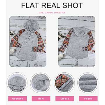 Dokotoo Womens Winter Fall Button Collar Ethnic Print Patchwork Color Block Long Sleeve Knit Stitching Drawstring Hooded Sweatshirts Hoodies for Women Pullover Casual Fashion T-Shirts Tops Large