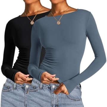 AKEWEI 2 Pack Women Long Sleeve Crop Top Basic Tees Tight Fitted Trendy 2025 Fall Shirts Undershirts...