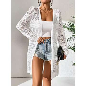 GORGLITTER Women's Crochet Cardigan Sweater Lightweight Open Front Long Sleeve Hollow Out Kimono Summer Cardigan