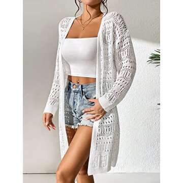GORGLITTER Women's Crochet Cardigan Sweater Lightweight Open Front Long Sleeve Hollow Out Kimono Summer Cardigan