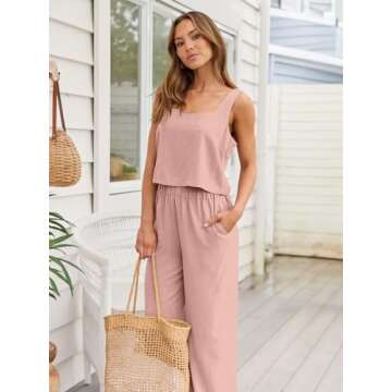 AUTOMET 2 Piece Summer Outfits for Women Casual Soft Lounge Matching Sets Two Piece Linen Crop Top Pants 2024 Fashion Clothes Pink L
