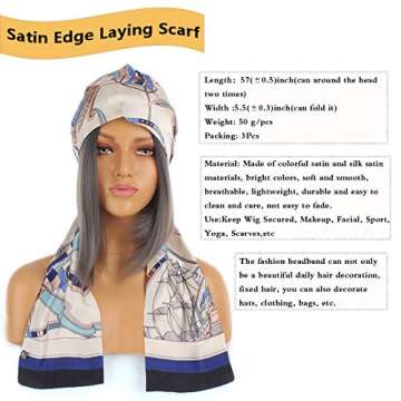 Leeven 3 Pieces Satin Edge Laying Scarf for Lace Wigs Non Slip Printed Headband Scarf for Hair Wrapping At Night 57"x5.5" Silky Wig Grip with Delicate Pattern for Makeup Wig Hat and Other Decoration