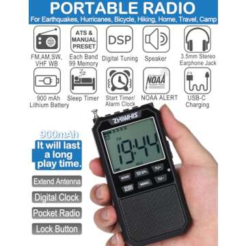 ZHIWHIS Portable Radio, AM FM Stereo SW NOAA Weather VHF Receiver with Alerts, Rechargeable DSP Pock...
