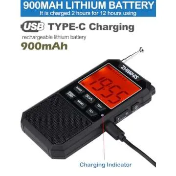 ZHIWHIS Portable Radio, AM FM Stereo SW NOAA Weather VHF Receiver with Alerts, Rechargeable DSP Pocket Radios with 9.85Ft Wire Antenna, 900mAh/396Presets/Alarm Clock/Sleep Timer for Walking ZWS-878